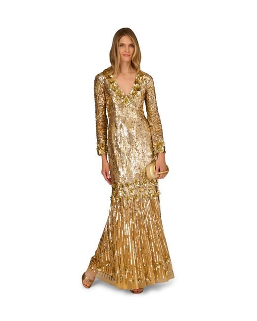 Adrianna Papell Metallic Aidan Beaded Mesh Long Dress