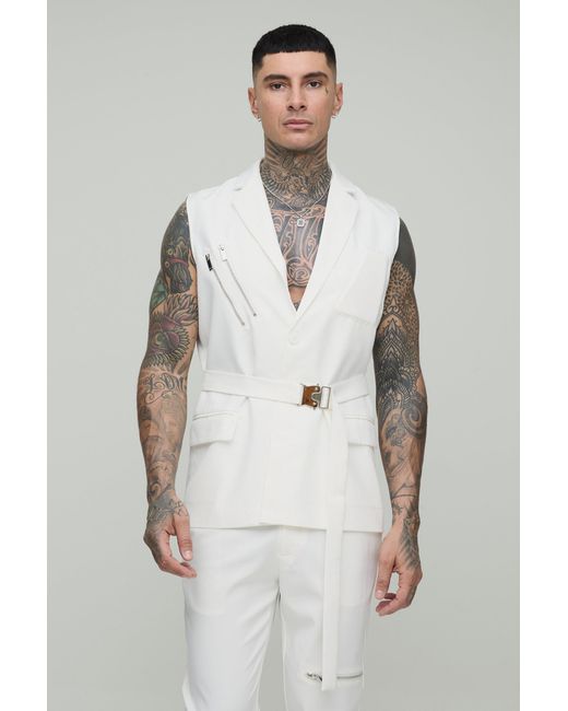 BoohooMAN White Single Breasted Sleeveless Suit Jacket for men