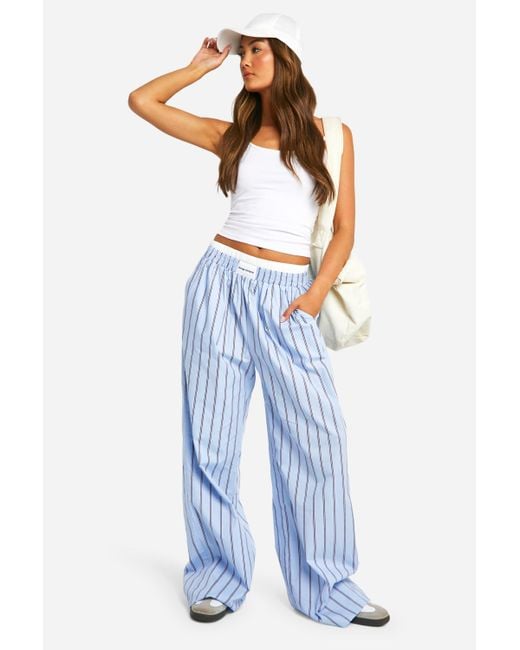 Boohoo Blue Contrast Waistband Stripe Wide Leg Trouser