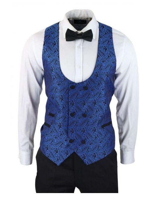 TruClothing Blue Tuxedo Blazer Waistcoat Brocade Satin Paisley Dinner Jacket for men