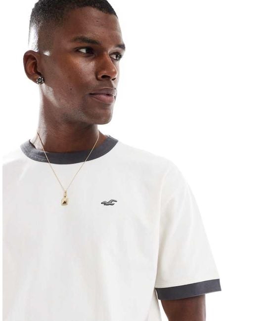 Hollister White Icon Washed Boxy Oversized T-Shirt With Contrast Neck Seam for men