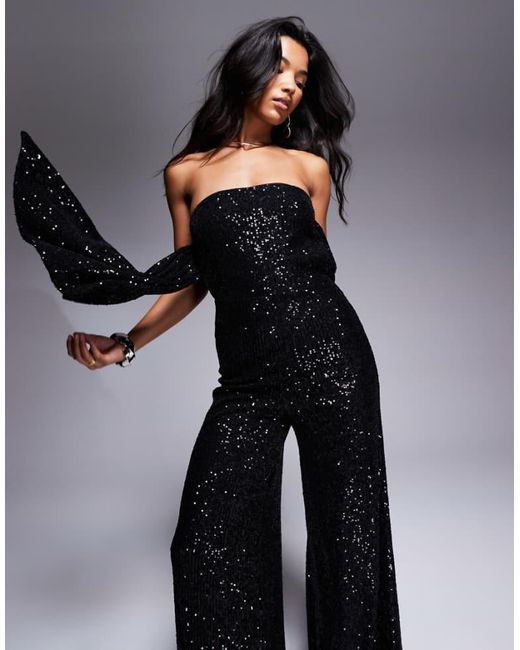 ASOS Black Sequin Bandeau Wide Leg Jumpsuit With Draped Back Detailing
