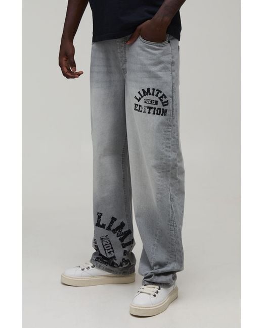 BoohooMAN Gray Relaxed Varsity Print Contrast Jeans for men