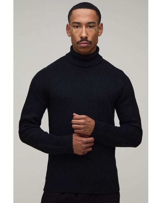 BoohooMAN Blue Muscle Fit Ribbed Roll Neck Knitted Jumper for men