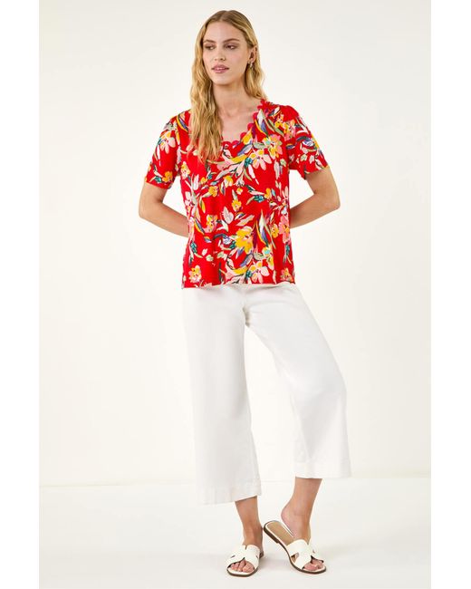 Roman Red Floral Print Scallop Detail Top