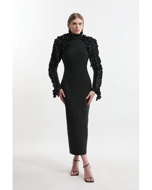 Karen Millen Black Figure Form Bandage Knit Rosette Detail Midi Dress