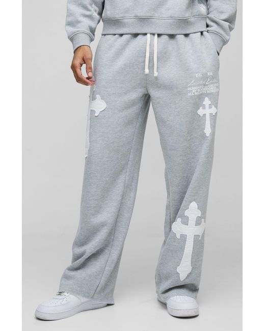 BoohooMAN Gray Wide Leg Limited Edition Cross Applique Joggers for men