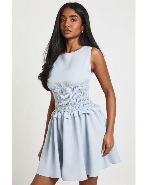 Boohoo Blue Sleeveless Shirred Waist Mini Dress
