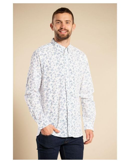 French Connection White Cotton Long Sleeve Floral Shirt for men