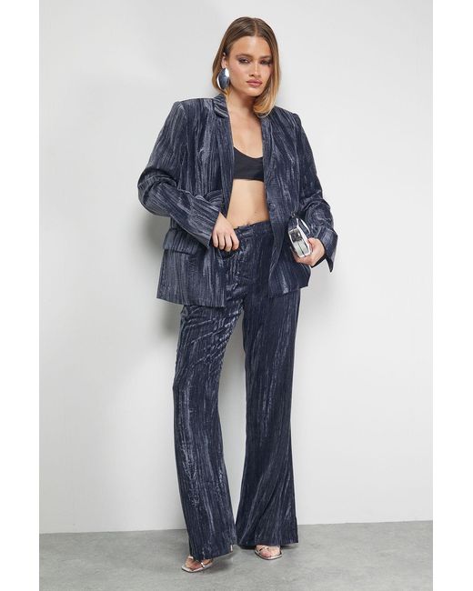 Warehouse Blue Crushed Velvet Kick Flare Trousers Co-Ord