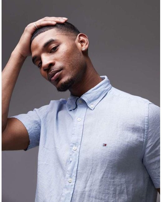 Tommy Hilfiger Blue Linen Short Sleeve Shirt for men
