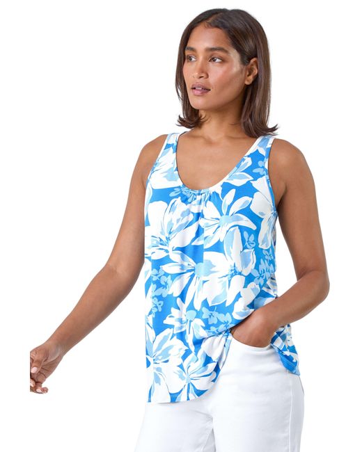 Roman Blue Sleeveless Floral Print Stretch V-Neck Vest