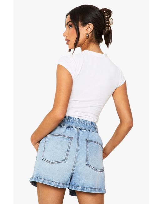 Boohoo White Paper Bag Waist Denim Short