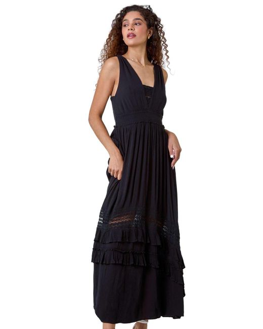 Roman Black Lace Detail Shirred Frill Maxi Dress