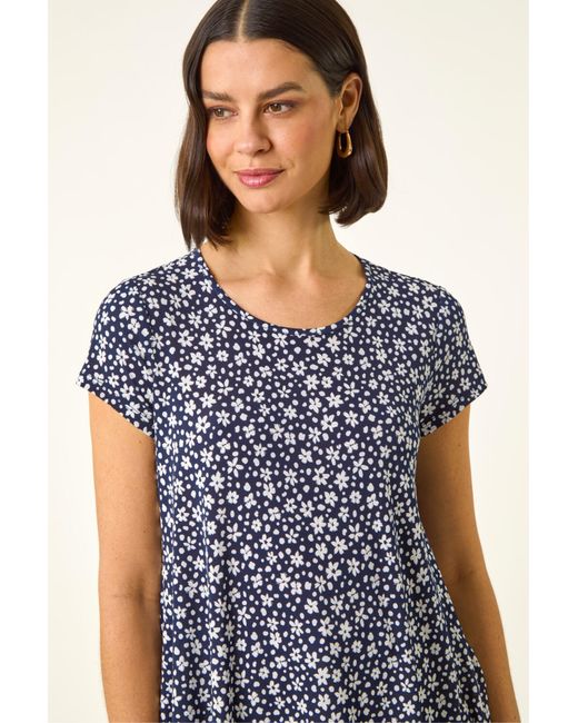 Roman Blue Floral Hanky Hem Tunic Top