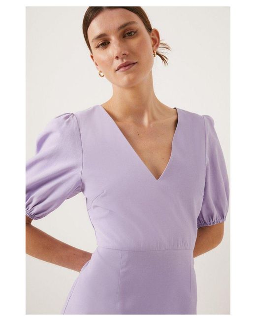 Oasis Purple Puff Sleeve Linen Look Mini Dress Viscose