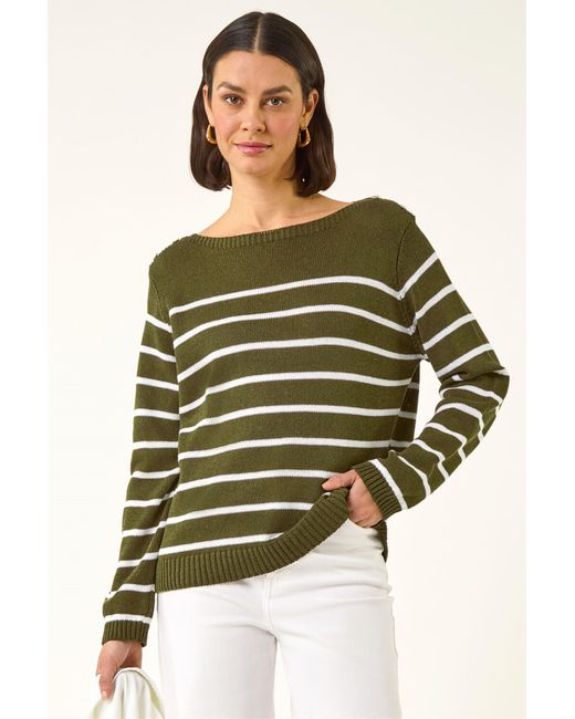 Roman Green Slash Neck Stripe Knit Jumper