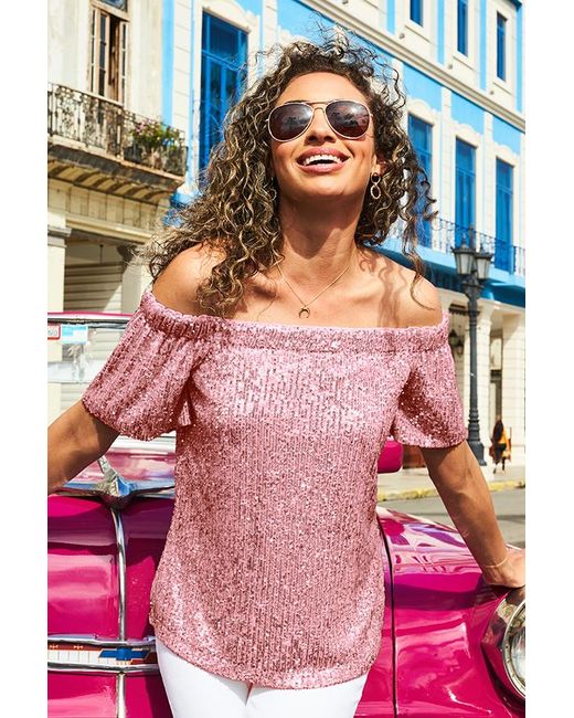 Sosandar Pink Sequin Bardot Short Sleeve Top