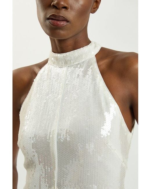 Karen Millen White Petite Sequin Halter Neck Hanky Hem Maxi Dress