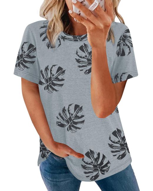 Everyday the Label Gray Crew Neck Tropical Plants Print T-Shirt