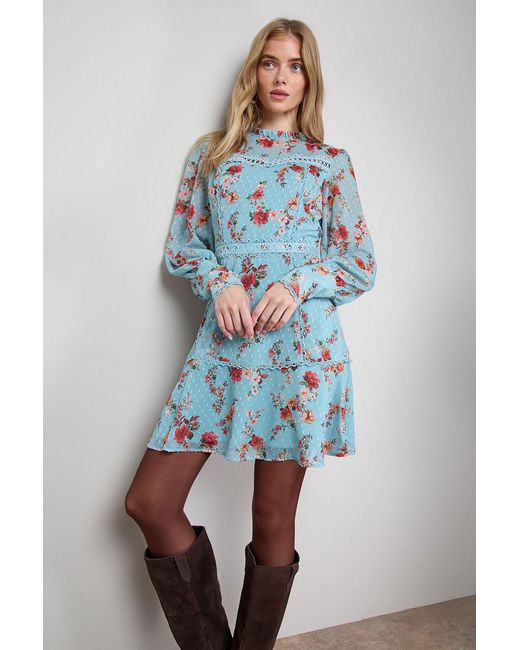 Oasis Blue Printed Lace Trim Long Sleeve Flippy Mini Dress
