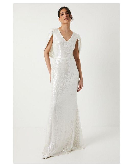 Coast White Sheer Sequin Cape Back Bridal Dress