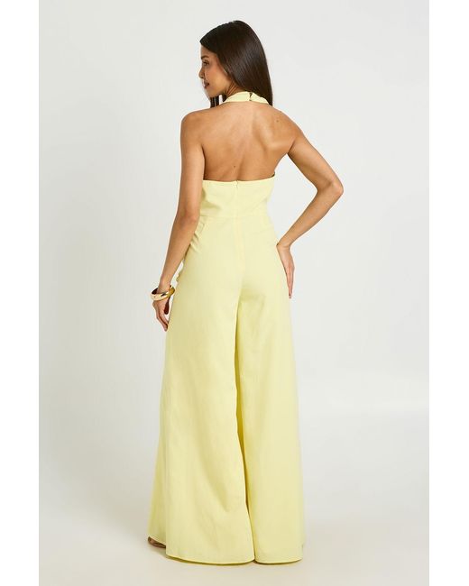 Boohoo Yellow Halterneck Drape Detail Trim Wide Leg Jumpsuit
