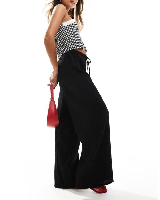 Vila Black Textured Wide Leg Tie Waist Trousers