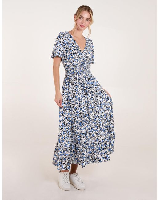 Blue Vanilla Blue Ditsy Floral Wrap Front Shirred Waist Maxi Dress