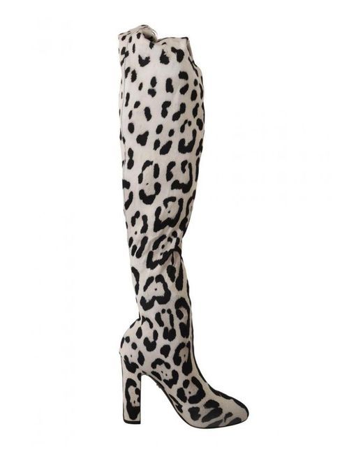 Dolce & Gabbana White Leopard Stretch Long Boots Polyamide