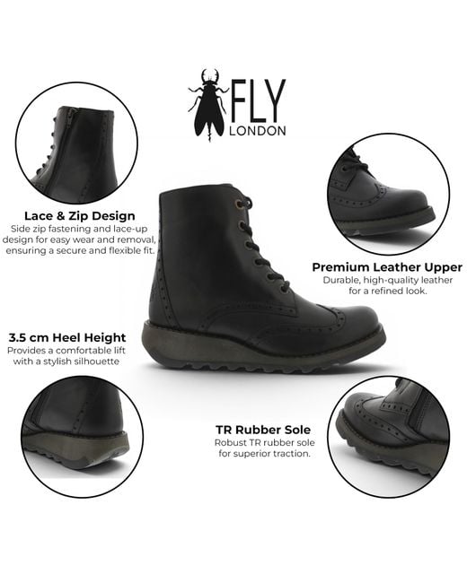 Fly London Black Leather Lace-Up Ankle Boots- Sarl069