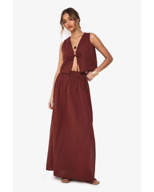 Boohoo Red Linen Look Tie Front Crop And Maxi Skirt Co-Ord