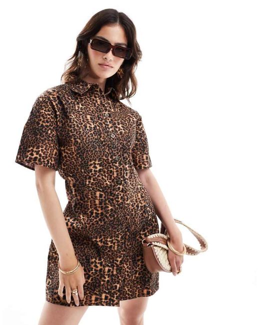 ASOS Brown Mini Twill Shirt Dress With Seaming Detail