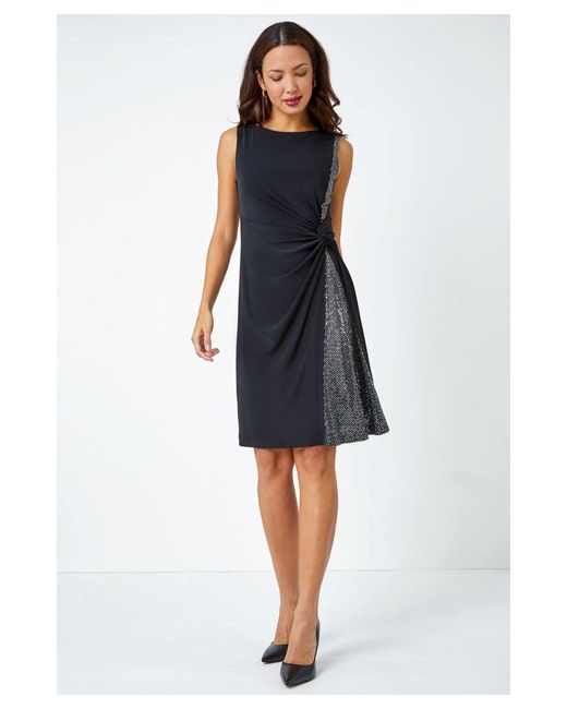 Roman Blue Side Twist Sleeveless Glitter Dress