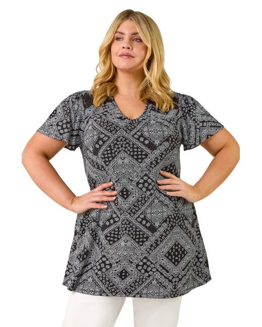 Roman Gray Curve Patchwork Print Lace Top