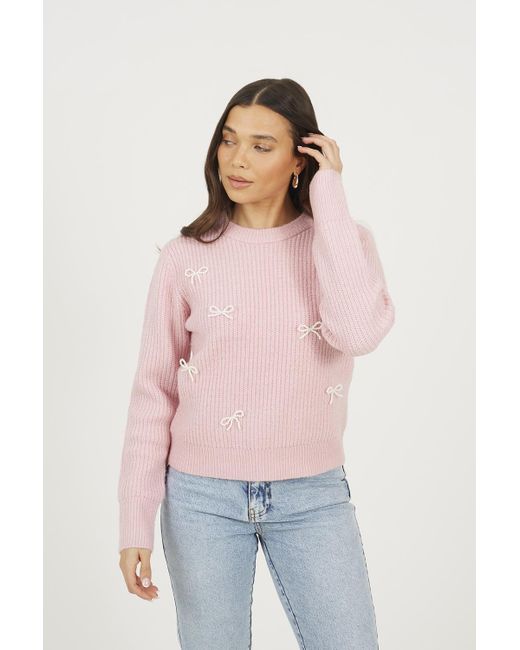 Brave Soul Pink Crew Neck Jumper With Jewel Bow Detail