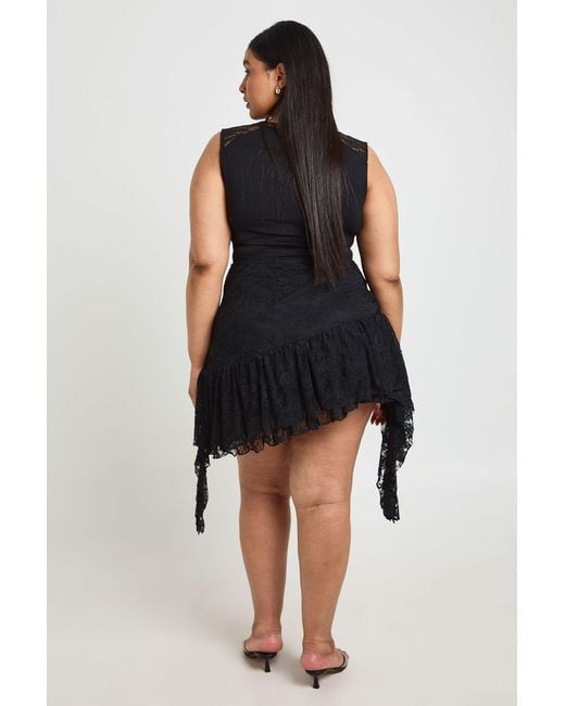 Boohoo Black Plus Lace Trim Tie Keyhole Bodysuit