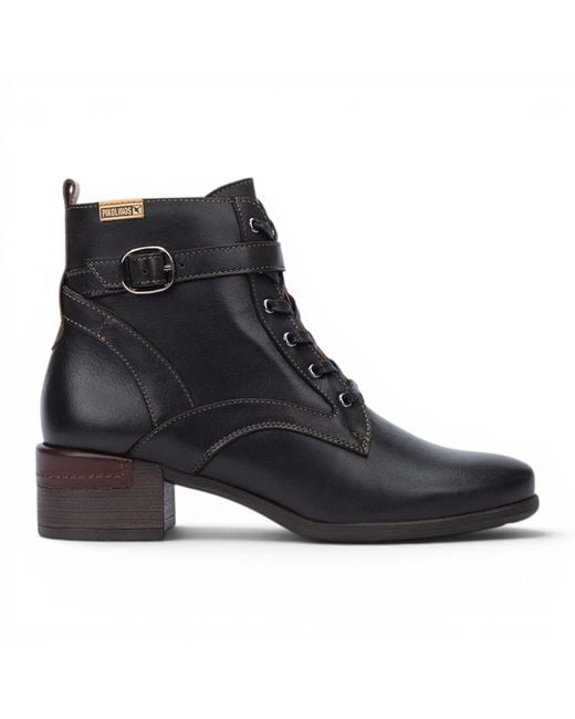 Pikolinos Black Leather Lace-Up Mid-Heel Ankle Boots