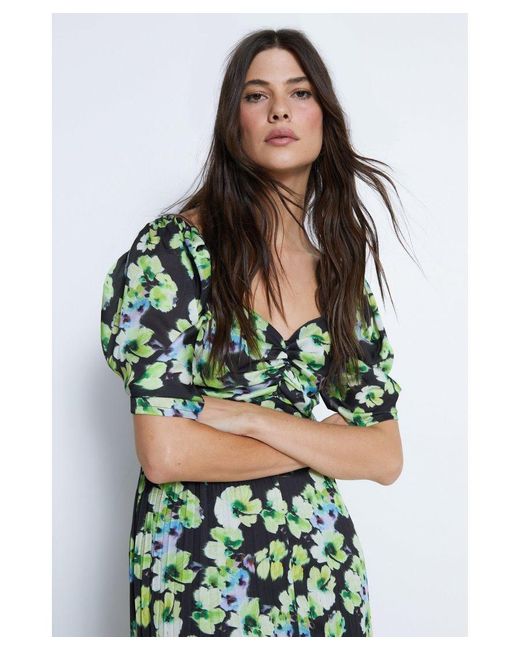 Warehouse Green Floral Printed Ruched Sleeve Pleated Midi Dress
