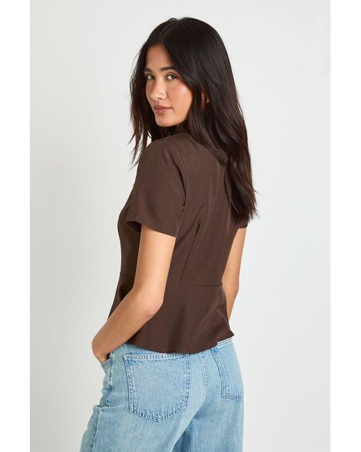 Boohoo Brown Scarf Detail Peplum Tailored Top