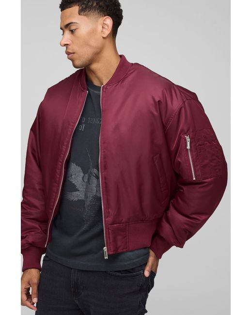 BoohooMAN Red Oversized Boxy Curved Hem Nylon Bomber Jacket for men