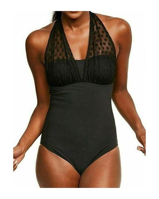 Figleaves Black Icon Spot Mesh Halter Neck Shaping Swimsuit