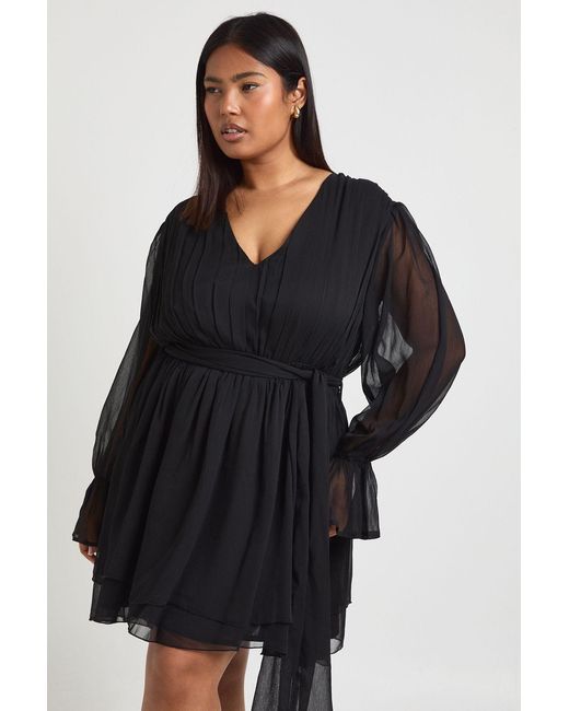 Boohoo Black Plus Chiffon Volume Sleeve Tie Waist Mini Skater Dress