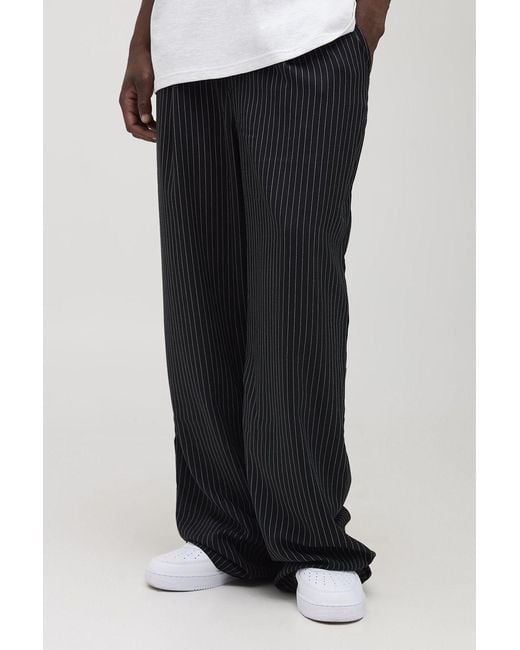 BoohooMAN Black Tall Pleat Front Wide Leg Pinstripe Pants for men