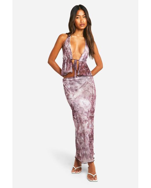 Boohoo Red Snake Print Mesh Low Rise Midaxi Skirt