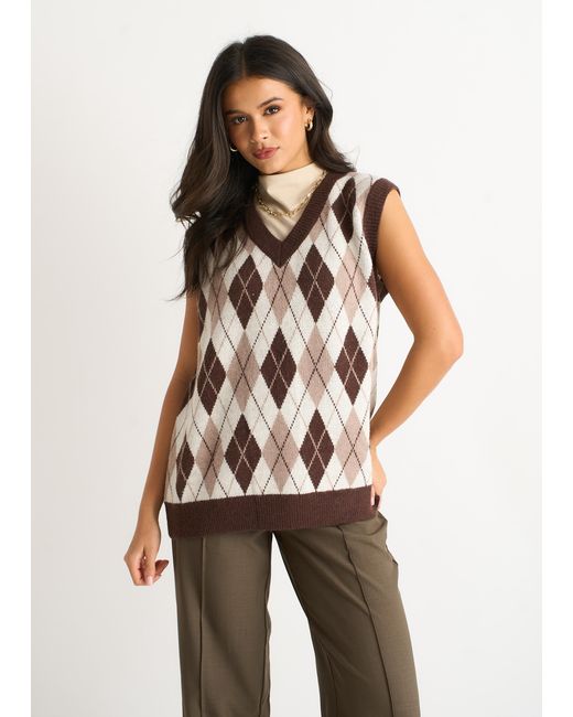 Gini London Brown Argyle Knit Vest Jumper