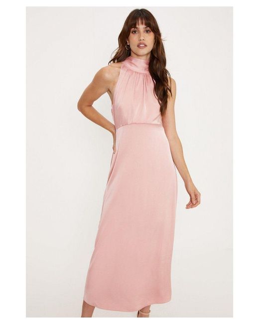 Oasis Pink Satin Halter Neck Midi Bridesmaids Dress