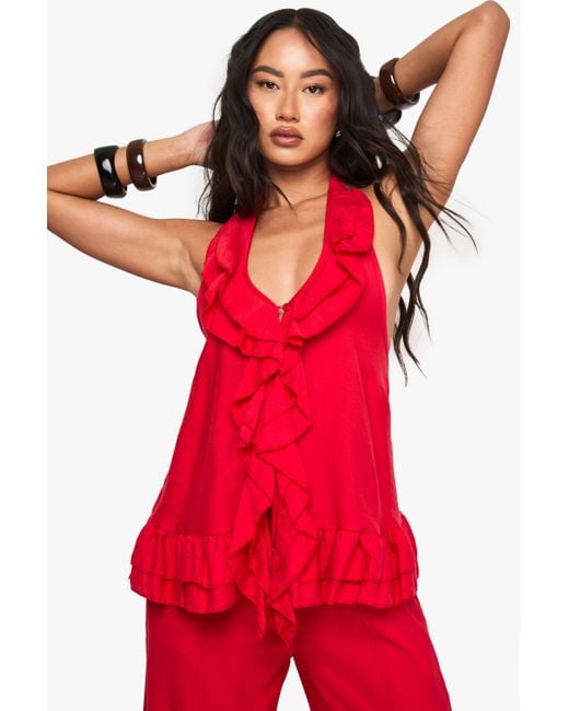 Boohoo Red Woven Crinkle Ruffle Button Top
