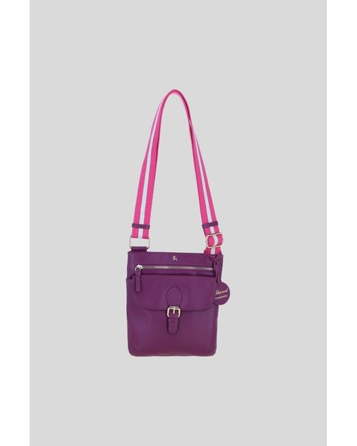 Ashwood Leather Purple Flat Crossbody Bag With Contrast Strap