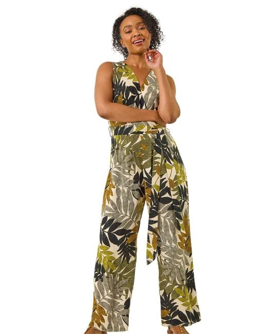 Roman Multicolor Petite Leaf Print Wrap Jumpsuit